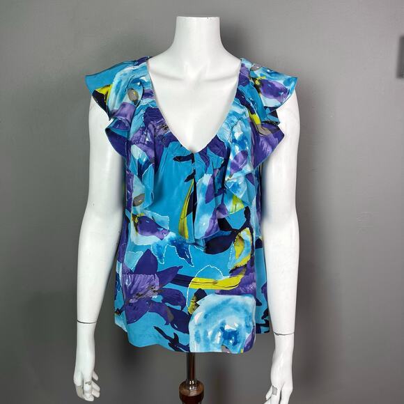 Trina Turk‎ top medium floral ruffle silk colorful blue office beachy - Picture 1 of 8